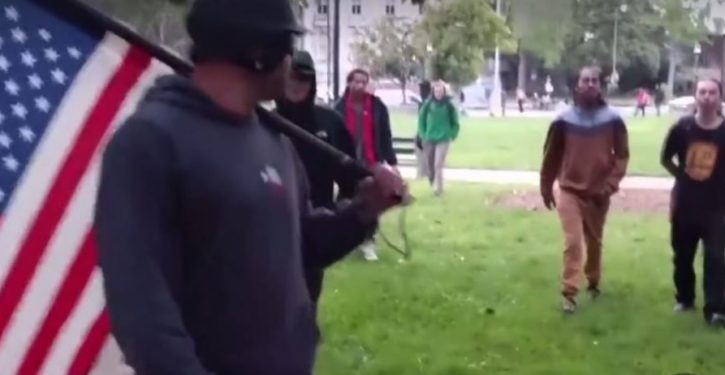 Left-wing Berkeley thugs threaten man holding U.S. flag, quickly learn it was a bad decision