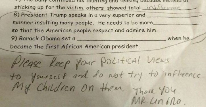 Teacher sneaks her own political biases into homework, gets schooled by father of student