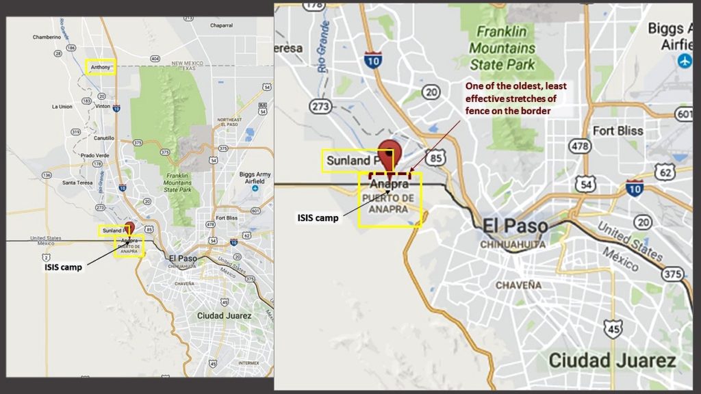 Overview of Anapra and Sunland, in relation to El Paso/Ciudad Juarez and Anthony, NM. (Google map; author annotation)