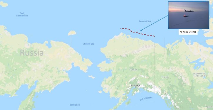 Russian maritime patrol planes operate off northern Alaska, intercepted by USAF, RCAF fighters
