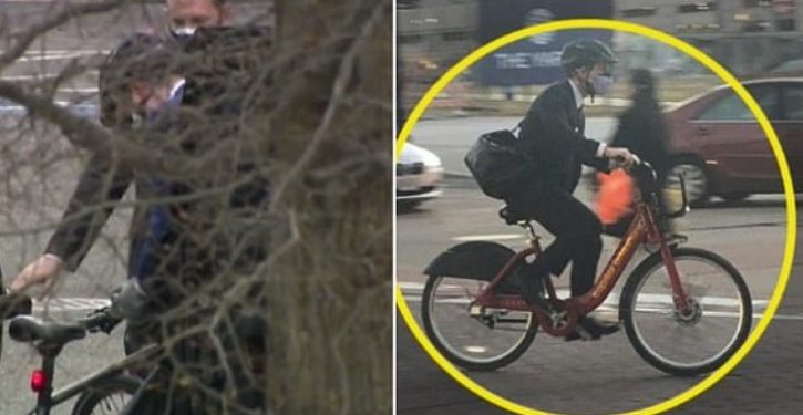 Sec. Buttigieg arrives at WH cabinet meeting on eco-friendly bicycle. Just one problem