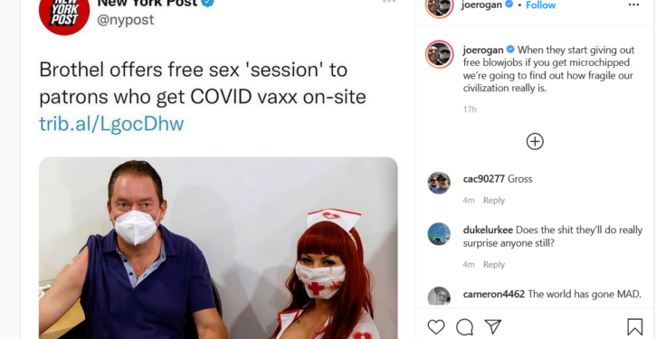 Joe Rogan Reacts To Brothel Offering Sex For People Who Get Vaccinated